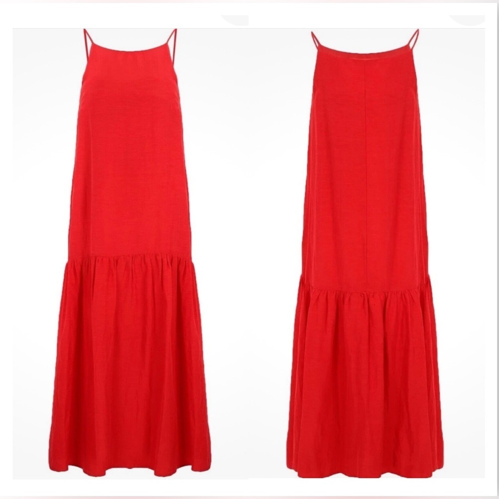 $226 Caractere Women Red Linen Blend Midi Dress Sz 10 US Quiet Luxury Resort NWT